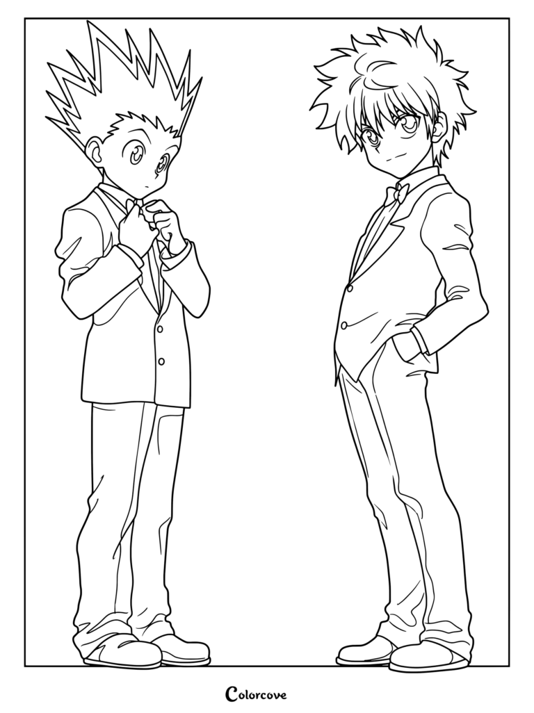 Coloriage à imprimer de Gon Freecss et Killua Zoldik de Hunter x Hunter vêtus de smokings noirs assortis