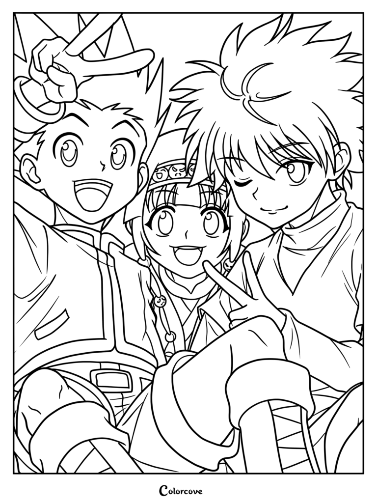 Coloriage de Gon Freecss, Killua Zoldik et Aruka Zoldik tiré de Hunter x Hunter