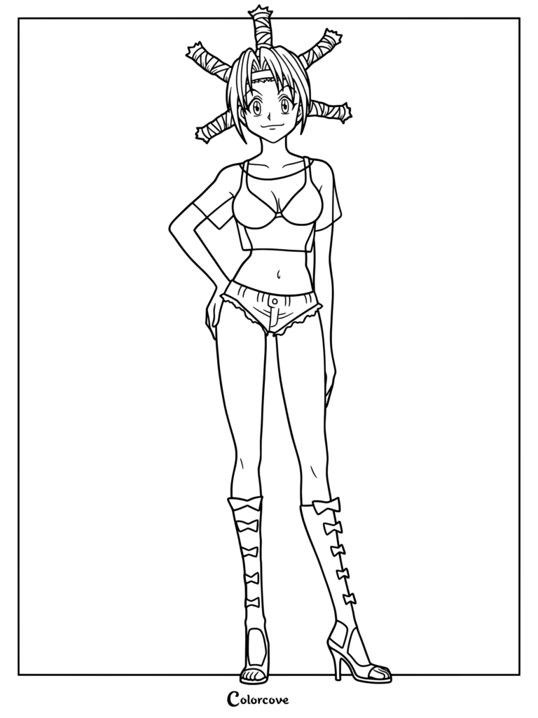 Menchi, une Hunter Gourmet et examinatrice de Hunter x Hunter, présentée dans une page de coloriage à imprimer.