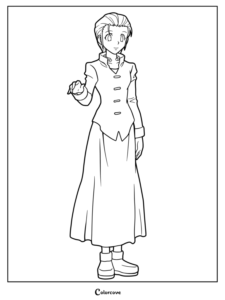 Page de coloriage de Mito Freecss de Hunter x Hunter représentant cette dernière dans une jupe longue et une tunique boutonnée.