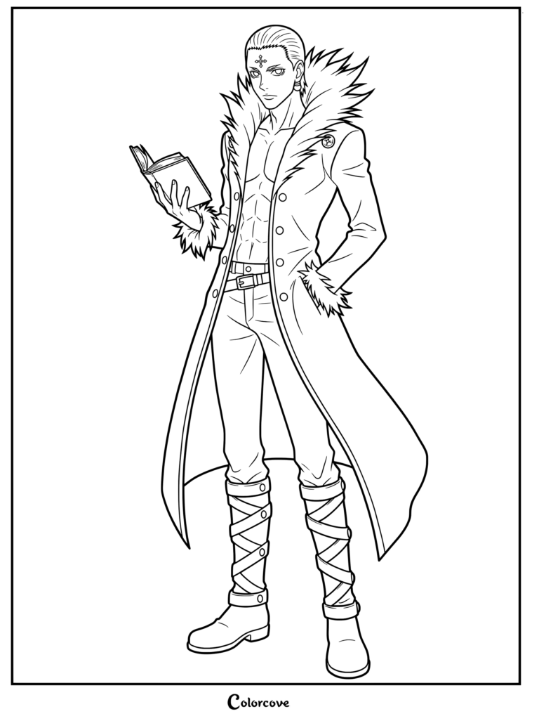 Kuroro Lucifuru tenant un livre dans une page de coloriage de Hunter x Hunter