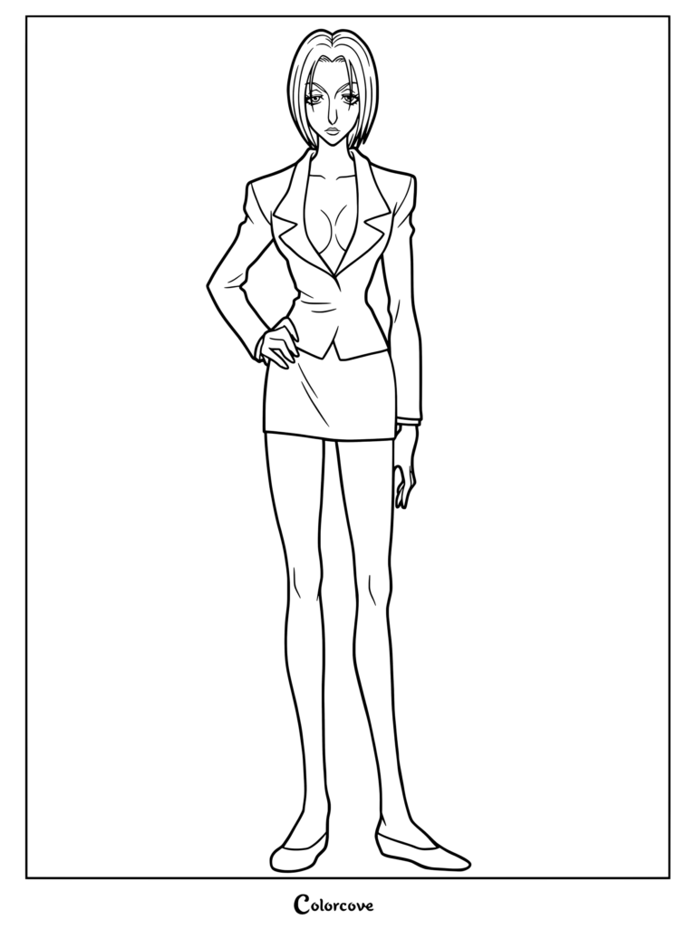 Page de coloriage de Pakunoda portant son costume signature violet et rose de Hunter x Hunter