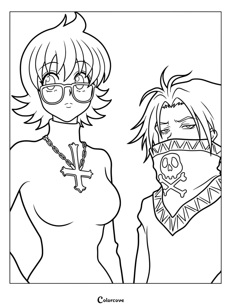 Page de coloriage de Shizuku Murasaki et Feitan Portor de Hunter x Hunter