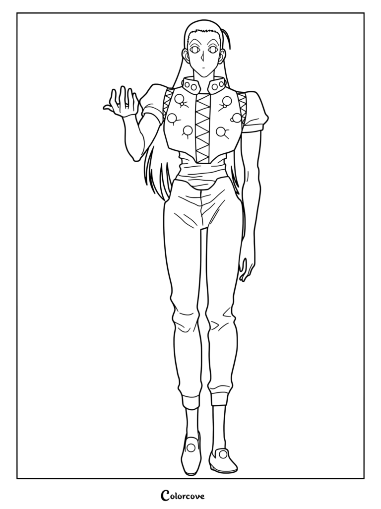 Page de coloriage de Hunter x Hunter représentant Illumi Zoldik portant sa tenue signature composée d'une tunique et d'un pantalon verts.