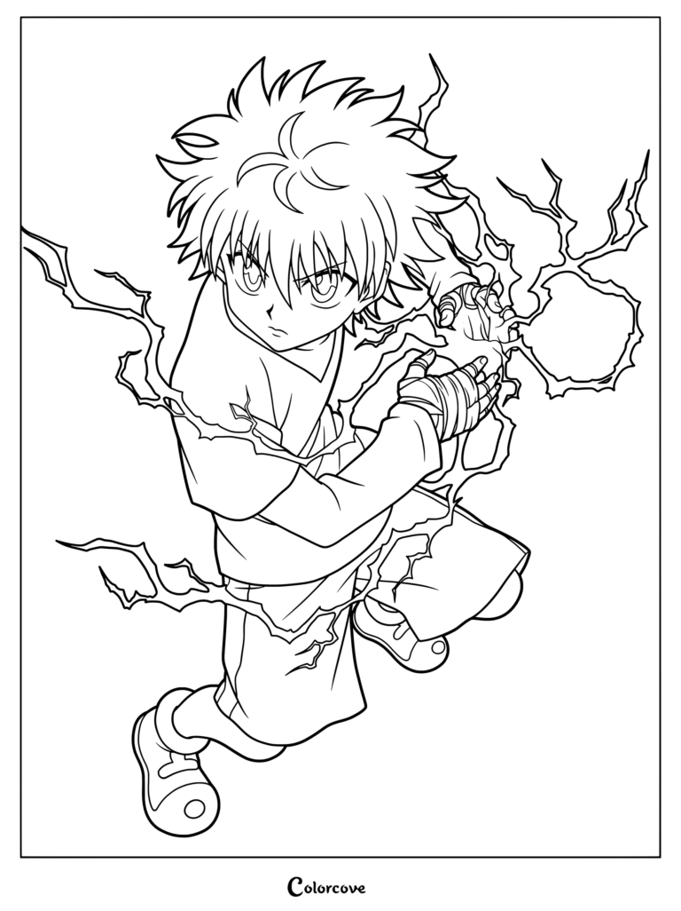 Page de coloriage de Killua Zoldik utilisant ses capacités de Nen basées sur l'électricité dans Hunter x Hunter