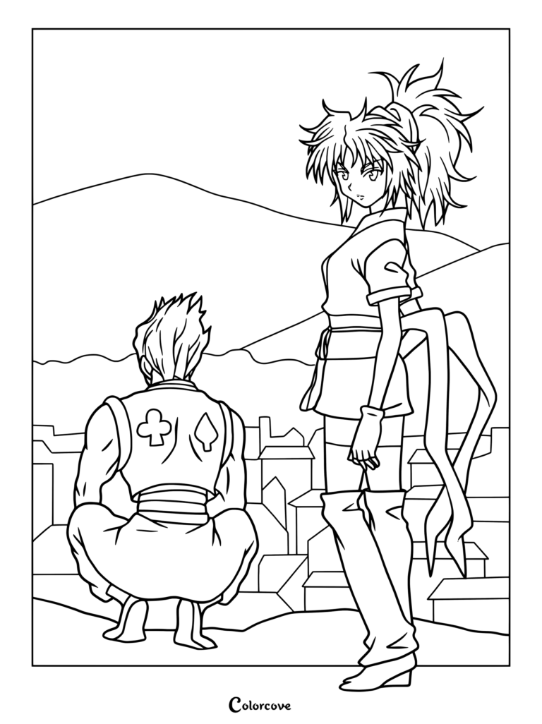 Page de coloriage de Hisoka Morow et Machi Komacine de Hunter x Hunter surplombant un paysage urbain.