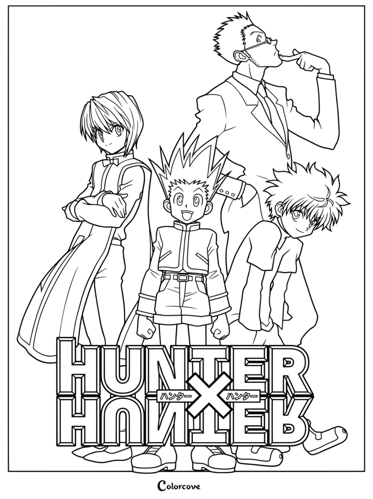 Dessin à colorier à imprimer représentant les personnages principaux Gon Freecss, Killua Zoldik, Kurapika et Leorio Paladnight de Hunter x Hunter.