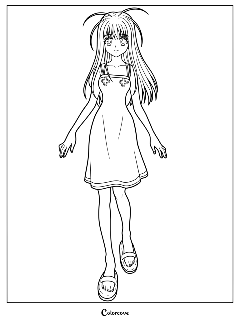 Page de coloriage de Neon Nostrade de Hunter x Hunter représentant cette dernière debout dans une robe simple.