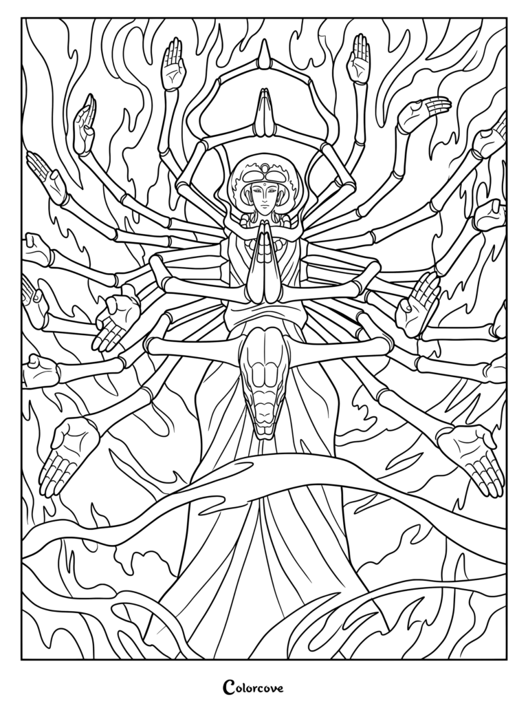Page de coloriage de Hunter x Hunter représentant Isaac Netero utilisant sa capacité de Nen signature, le Hyakushiki Kannon.