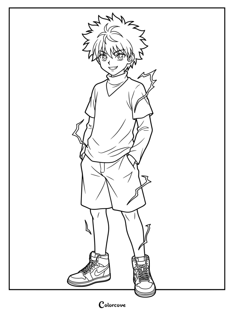 Page de coloriage de Killua Zoldik de Hunter x Hunter debout, les mains dans les poches, entouré d'étincelles de foudre