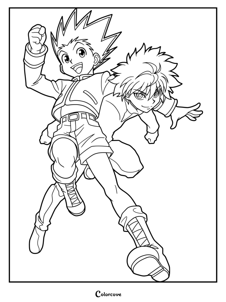 Coloriage Hunter x Hunter représentant Gon Freecss et Killua Zoldik posant dynamiquement ensemble.