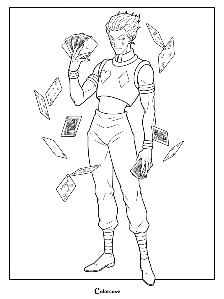 Page de coloriage de Hisoka Morow de Hunter x Hunter avec des cheveux roses, du maquillage facial et des cartes à jouer flottant autour de lui.
