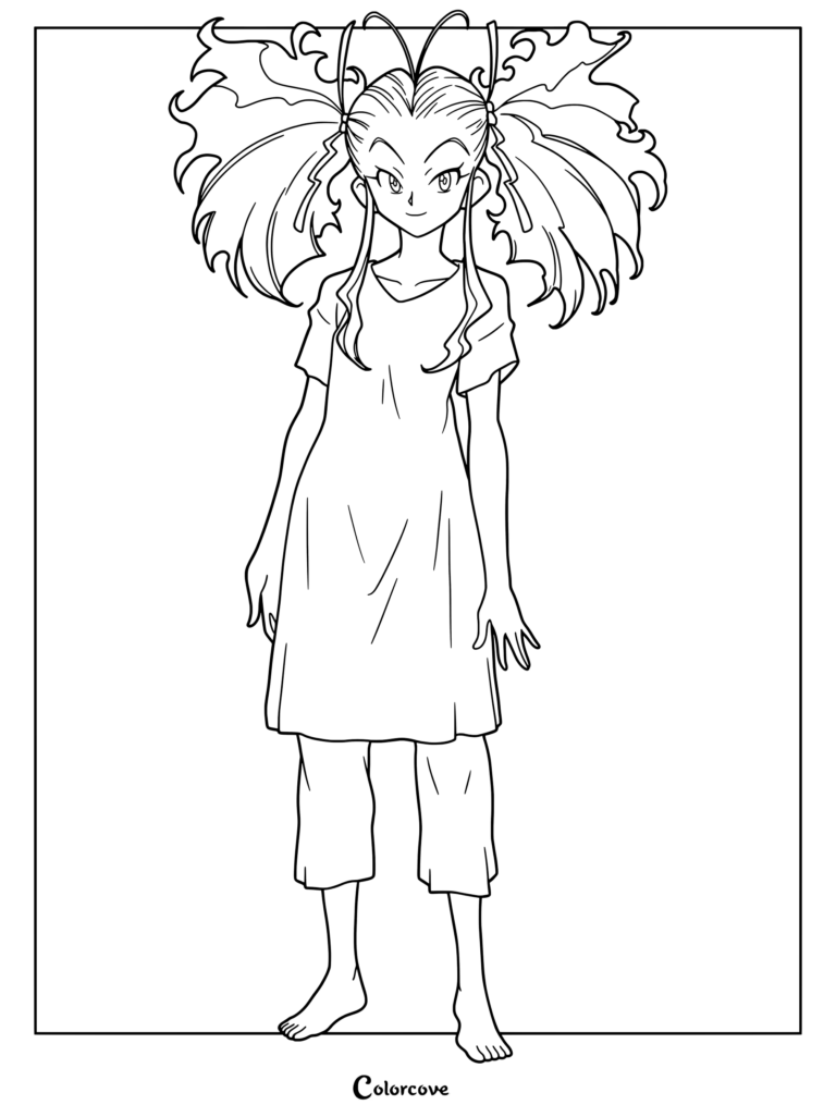 Page de coloriage de Leroute de Hunter x Hunter représentant ses grandes queues de cheval et sa tunique ample.