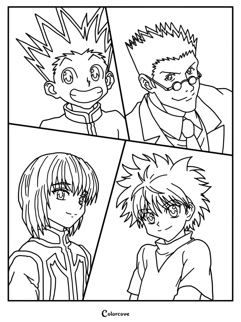 Coloriage Hunter x Hunter représentant les quatre personnages principaux dans une mise en page en panneaux.