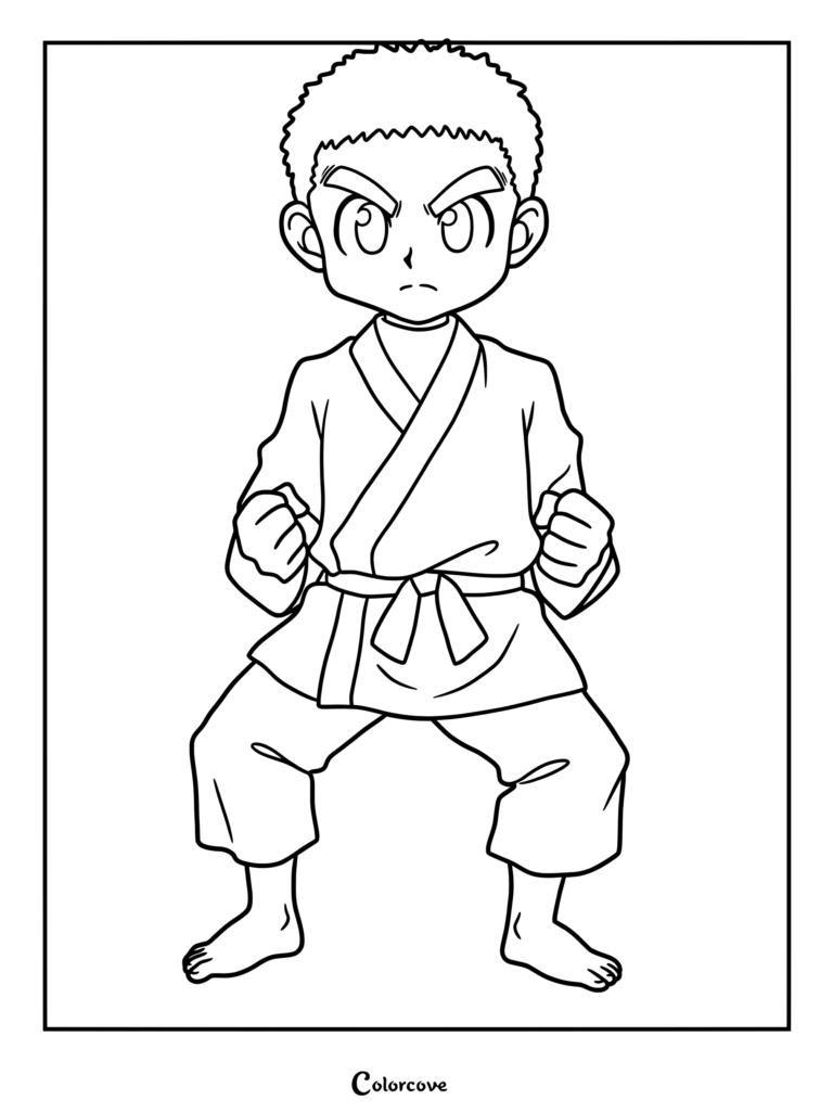 Page de coloriage de Zushi en position d'arts martiaux de Hunter x Hunter