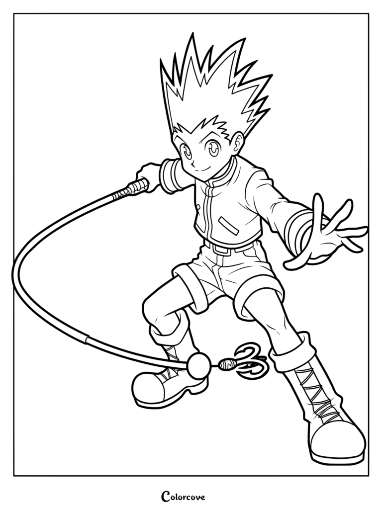 Coloriage de Gon Freecss de Hunter x Hunter tenant sa canne à pêche signature dans une pose d'action.