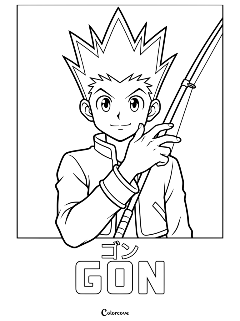 Gon tenant sa canne à pêche dans ce coloriage Hunter x Hunter à imprimer.