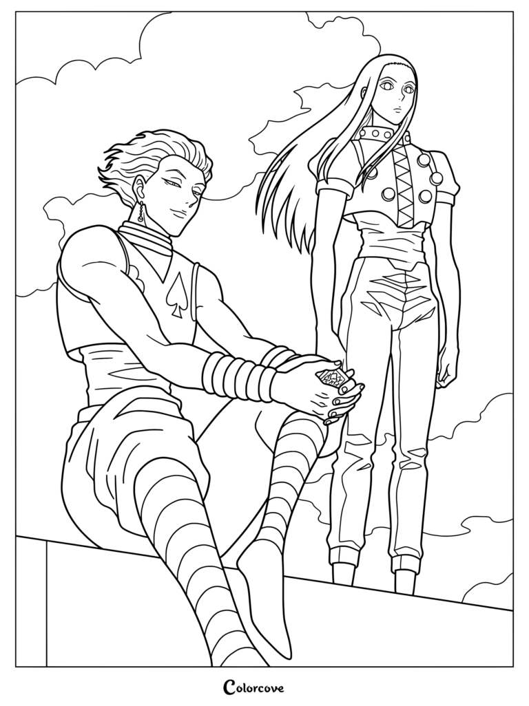 Page de coloriage de Hisoka et Illumi de Hunter x Hunter montrant Hisoka tenant des cartes à jouer en position assise et Illumi debout à proximité.