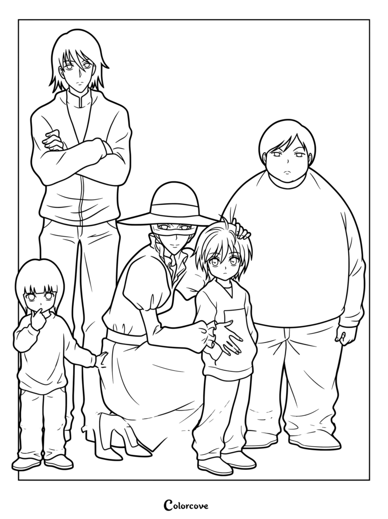 Page de coloriage de Hunter x Hunter avec Illumi, Miruki, Killua, Aruka et Karuto, ainsi que leur mère