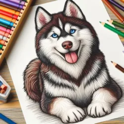 Husky coloring page with vibrant pencils and crayons, ideal for creative kids and dog enthusiasts.