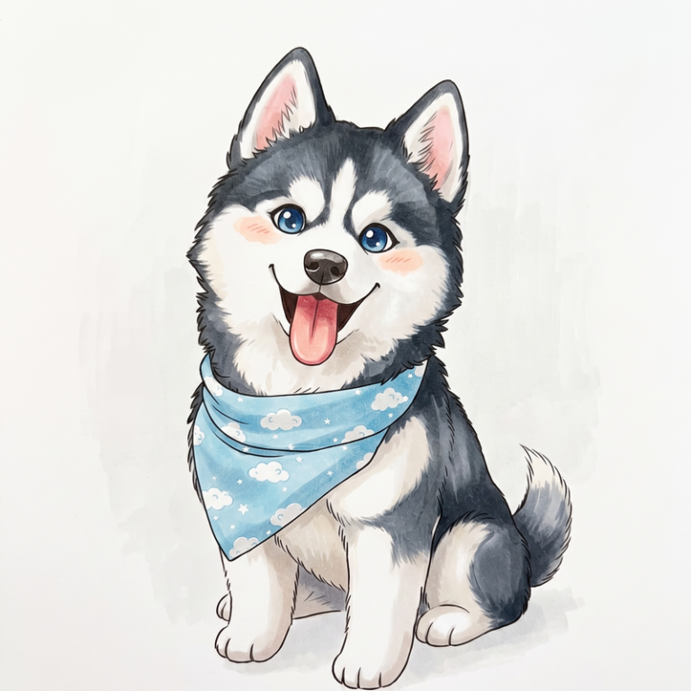 Husky coloring page illustration featuring a cute puppy wearing a cloud-patterned bandana