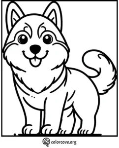 Cute cartoon dog coloring page for kids with fluffy tail and big eyes. Free printable animal coloring sheet.