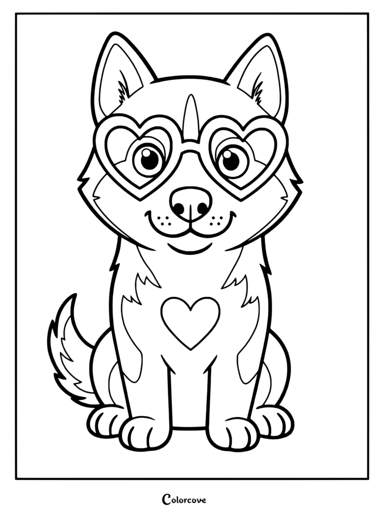 Husky wearing heart-shaped glasses and a heart on its chest in this outline coloring page