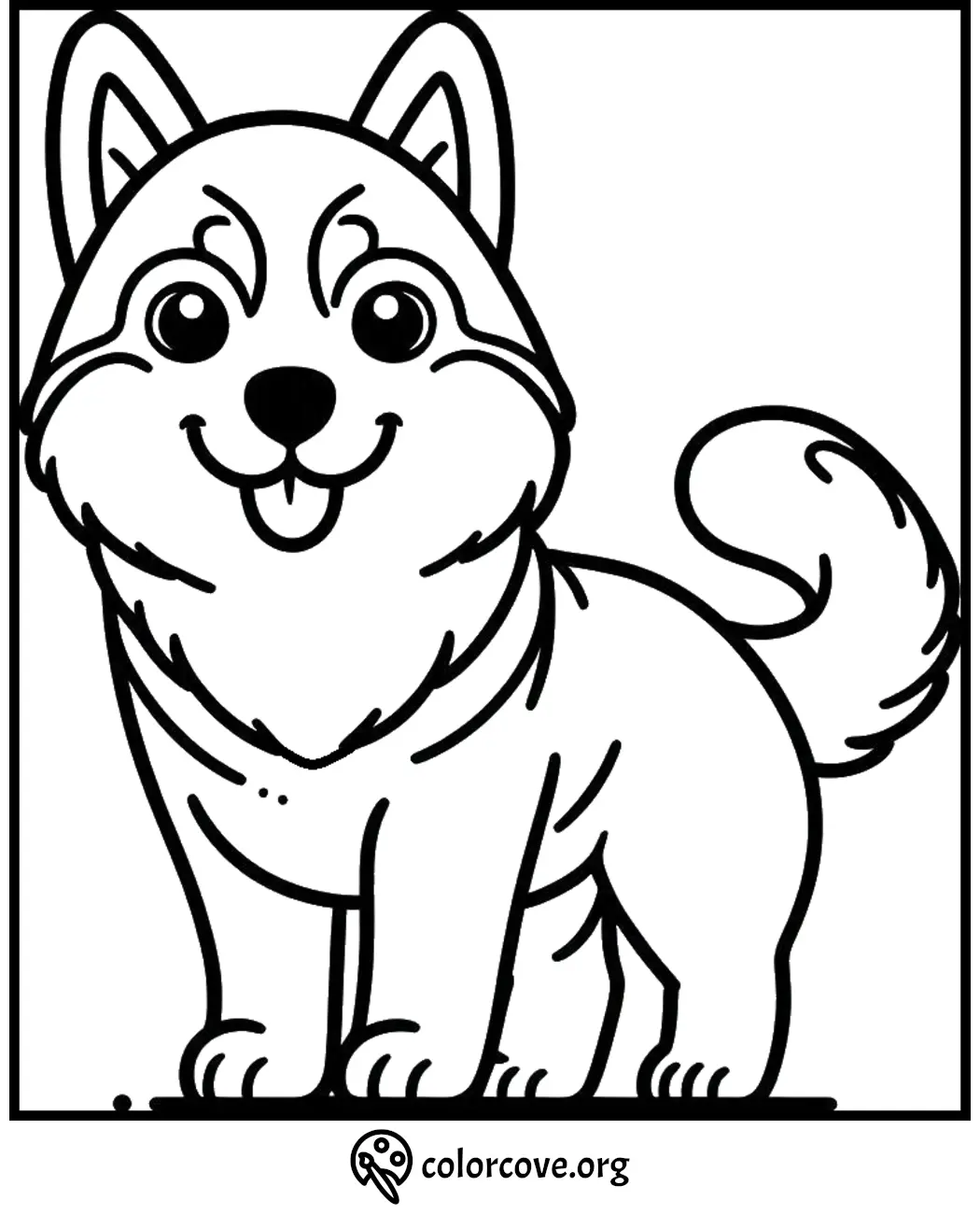 Cute cartoon dog coloring page for kids with fluffy tail and big eyes. Free printable animal coloring sheet.