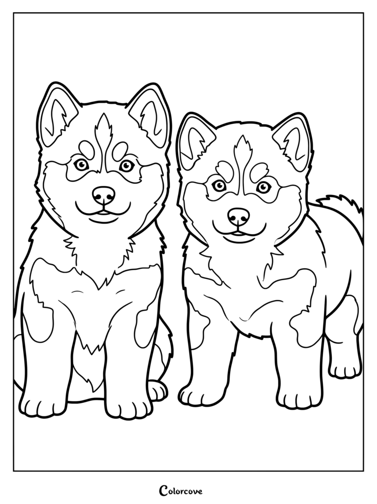 Two adorable Husky puppies sitting together, featured in a detailed line art coloring page.