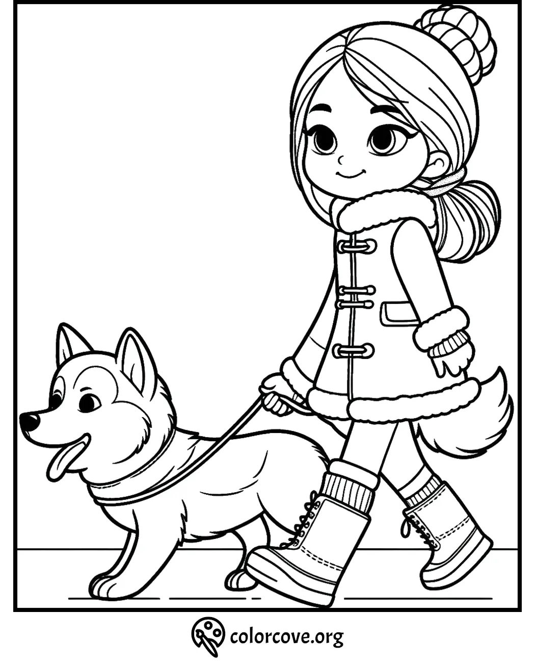 Girl walking a dog coloring page - winter clothing and boots. Printable activity for kids.