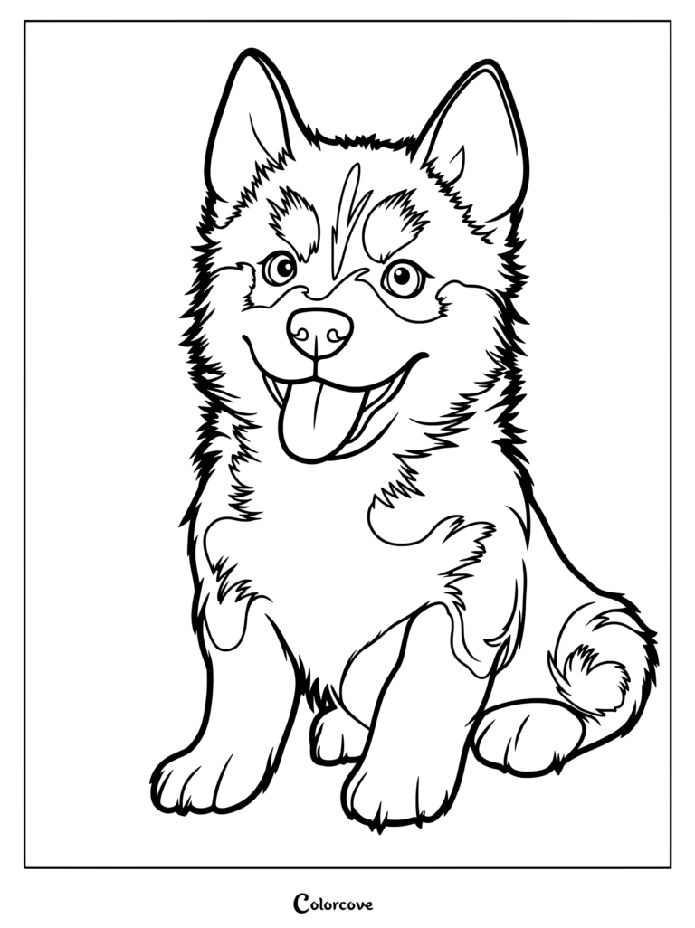 A printable coloring page featuring a happy husky puppy sitting down with its tongue out