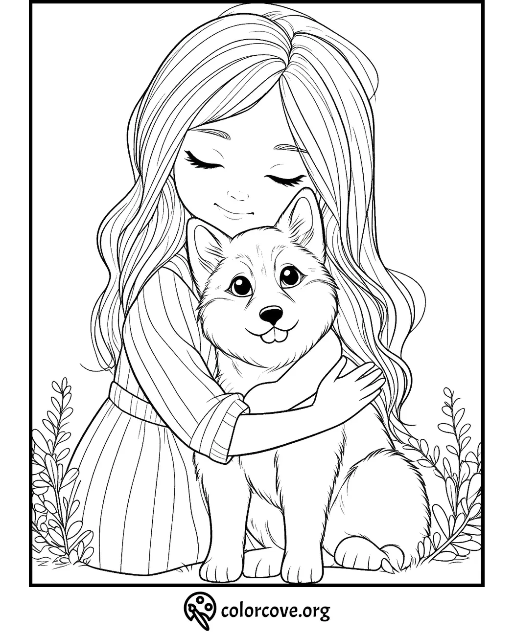 Girl hugging a fluffy dog coloring page, perfect for kids' activities and creativity at ColorCove.org.