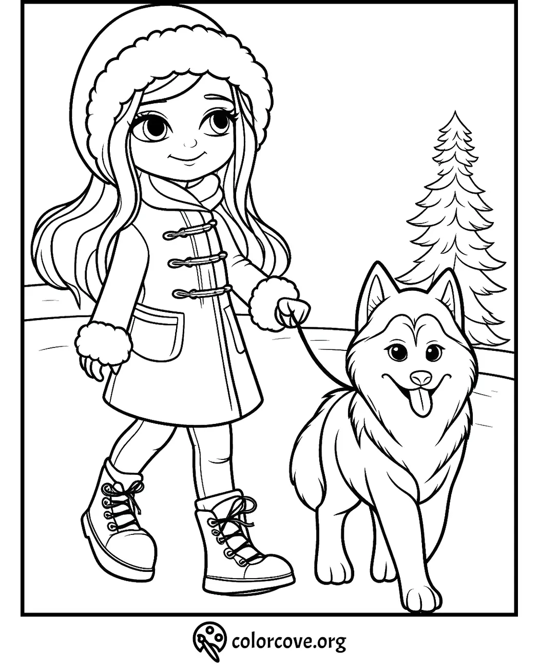 Girl walking a dog in winter, wearing a coat and beanie, in a snowy landscape coloring page.