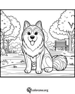 Cute fluffy dog in park coloring page with trees and bench in background. Perfect for kids and dog lovers to color.