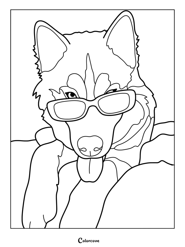 A printable coloring page of a cool husky wearing sunglasses and sticking its tongue out.