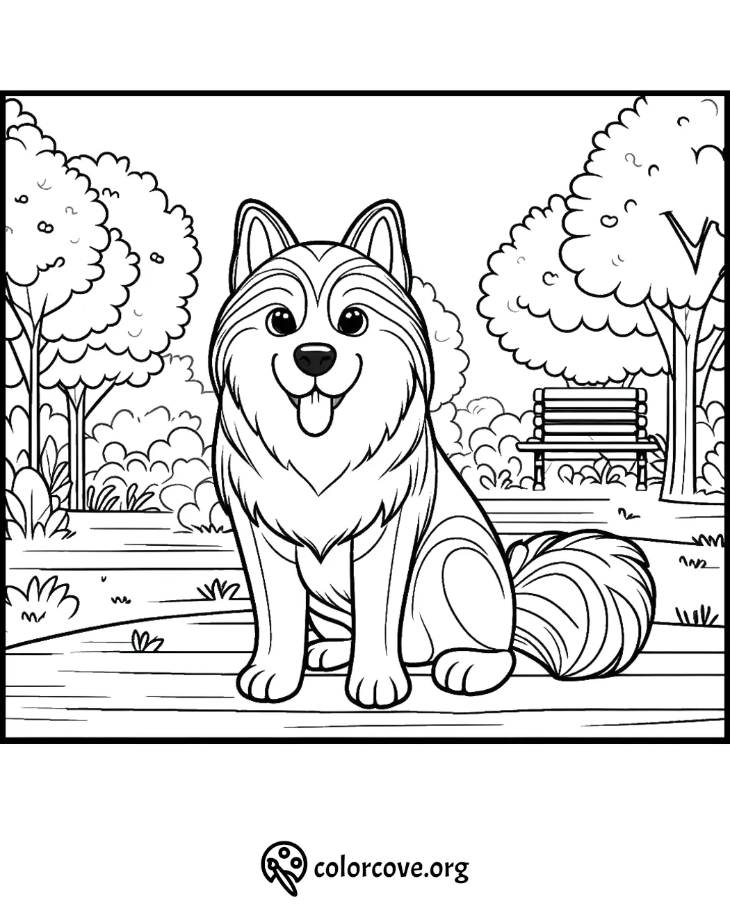 Cute fluffy dog in park coloring page with trees and bench in background. Perfect for kids and dog lovers to color.