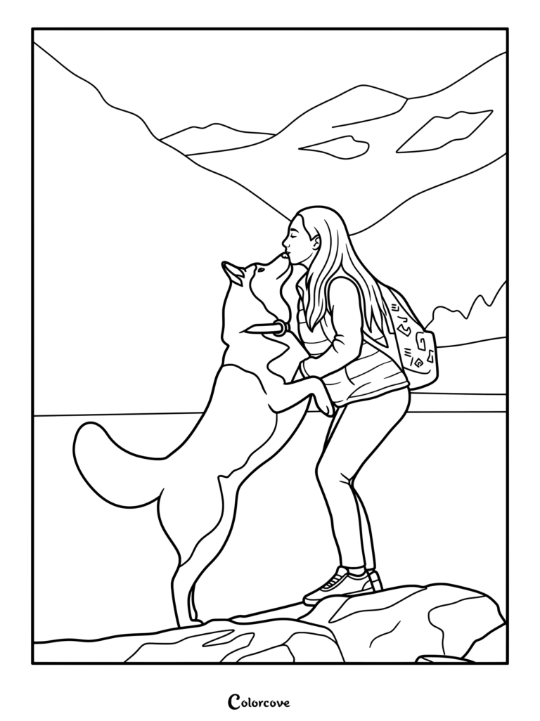 A smiling female hiker with a backpack standing on a rock and kissing her friendly husky dog against a mountain background in this line art coloring page.