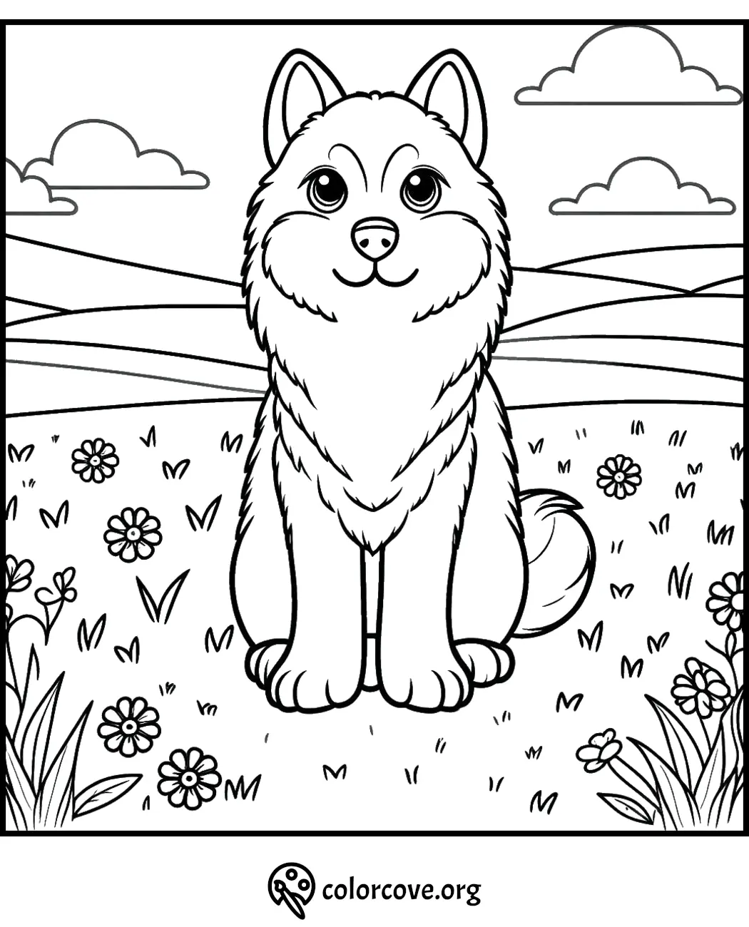 Cute cartoon dog in a field coloring page with flowers and clouds. Perfect for kids' creative fun.