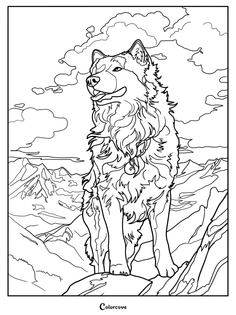 A majestic fluffy husky standing on a mountain peak for this printable coloring page