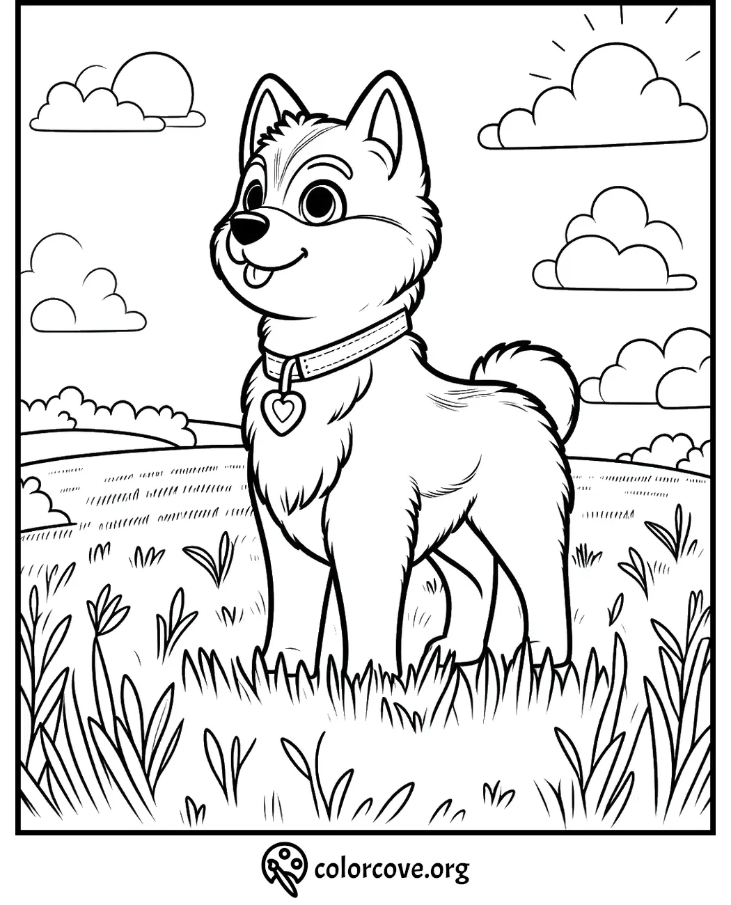 Cute dog in a field coloring page with clouds and sun, perfect for kids and dog lovers to enjoy.