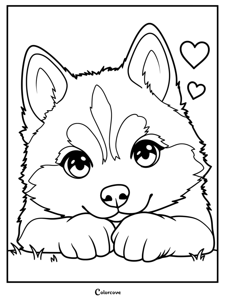 Cute husky puppy coloring page featuring a fluffy dog resting its paws with floating hearts