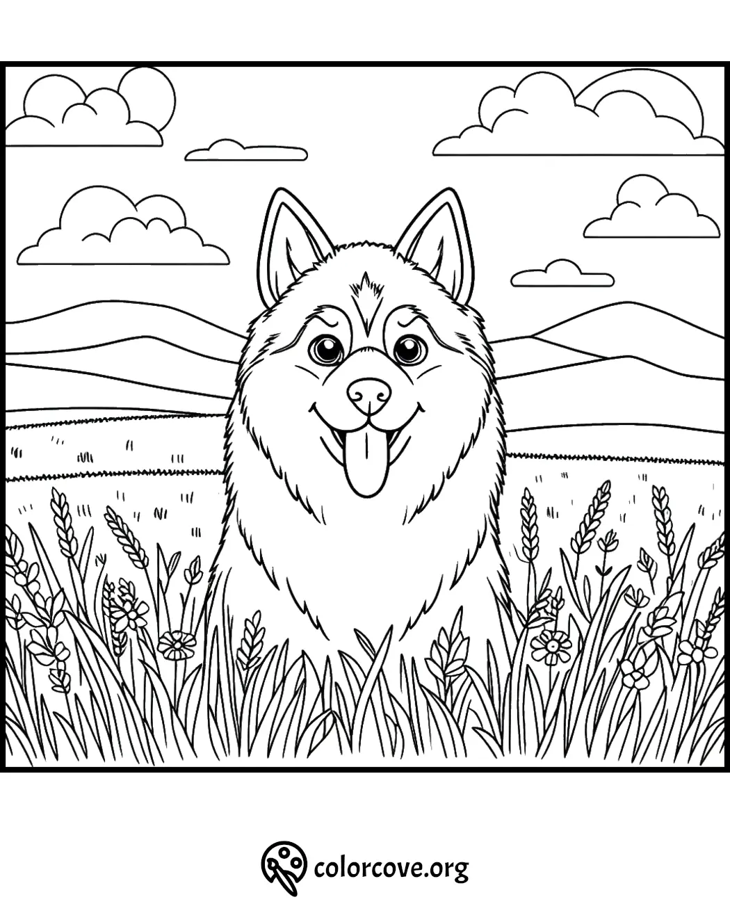 Cute husky coloring page with a scenic background of fields, mountains, and clouds. Perfect for kids' art activities.