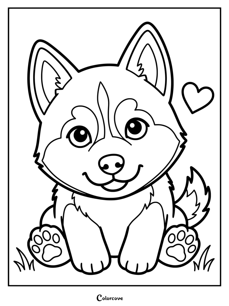 Cute baby husky puppy sitting in the grass with a heart floating nearby in a line art coloring page