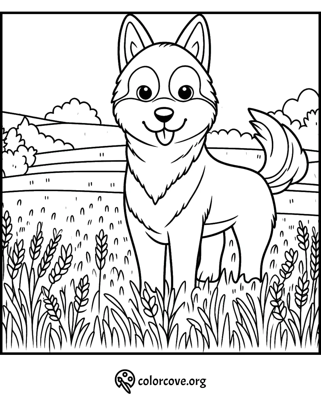 Cute dog coloring page with a fluffy coat, standing in a scenic field with clouds and mountains in the background.