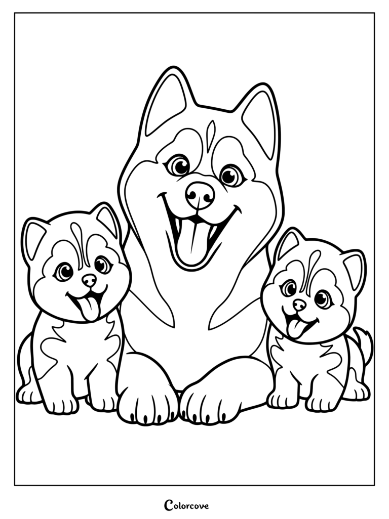 Husky family coloring page showing an adult husky with two happy puppies smiling