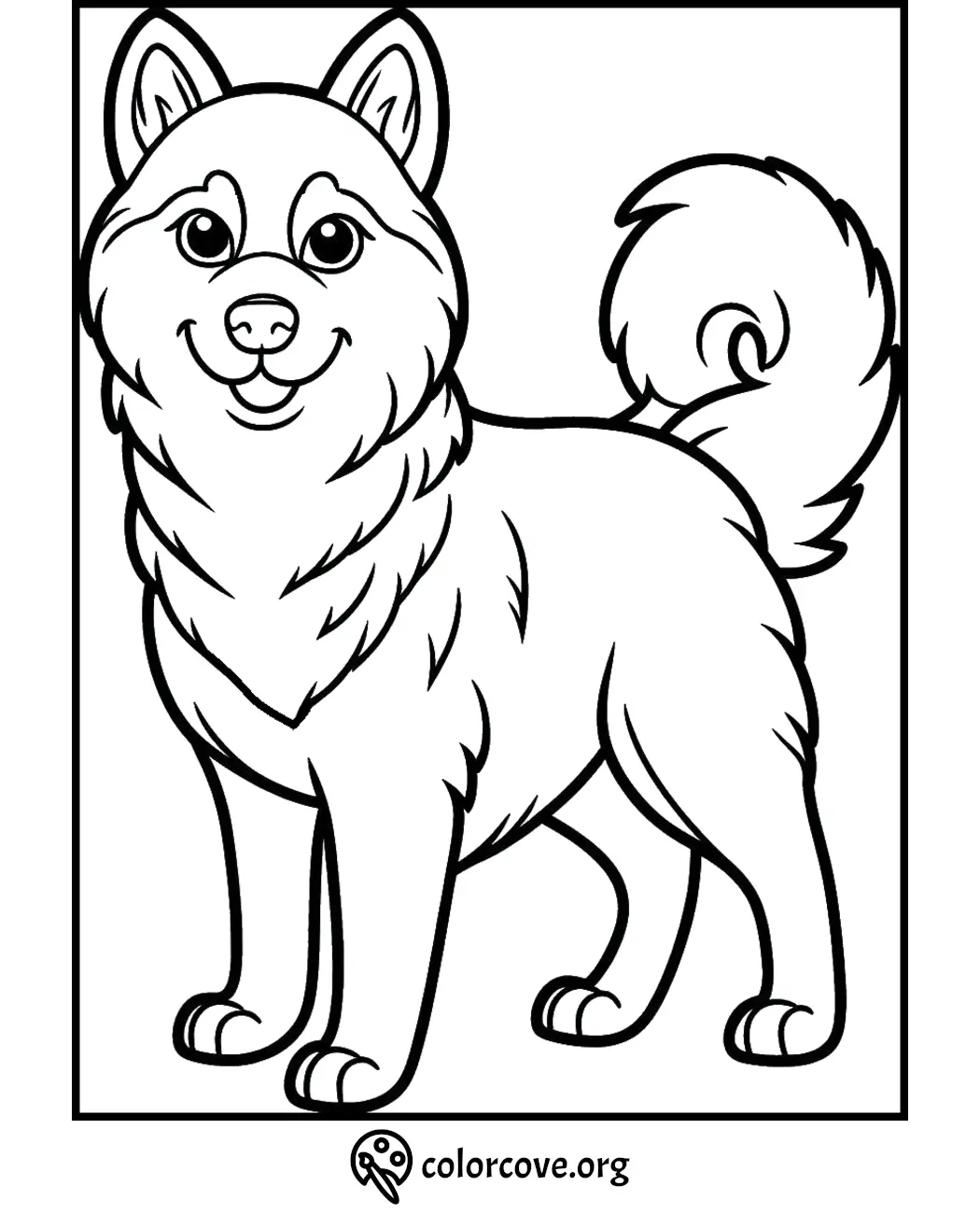 Cute fluffy dog coloring page for kids, showcasing a smiling canine with a curled tail, ideal for creative fun.