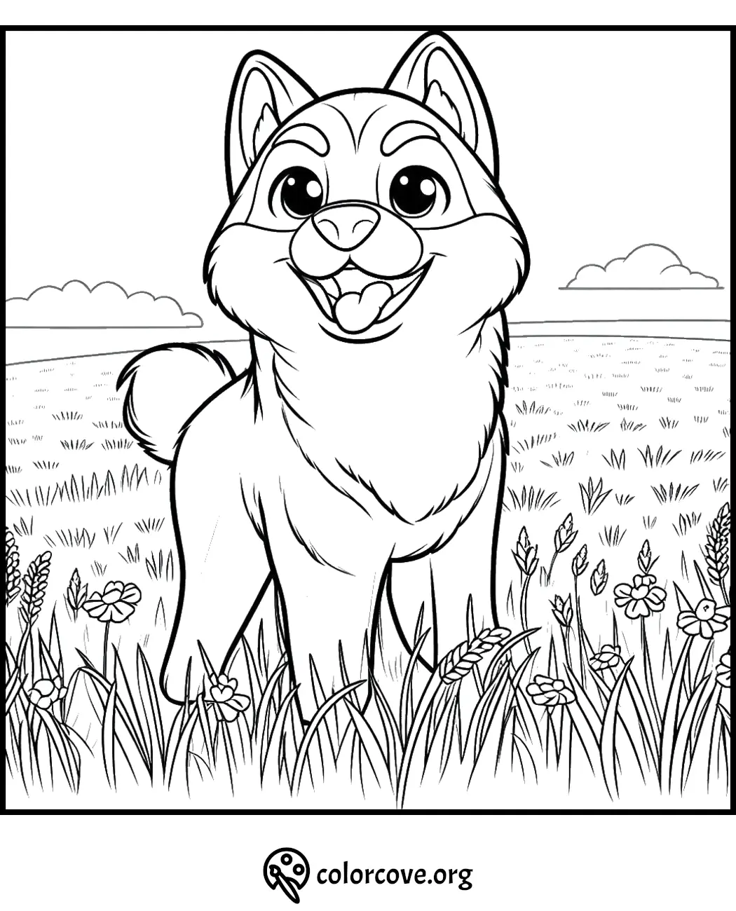 Cute dog coloring page: cheerful pup in a field of flowers, ready for kids to color and enjoy.