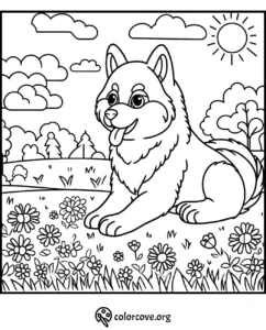 Coloring page of a happy dog in a sunny field with flowers and trees, under a bright sky with clouds.