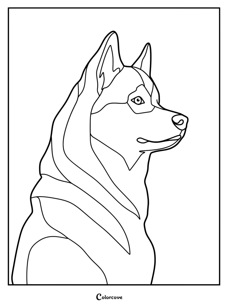A printable coloring page of a husky in profile view with pointed ears.