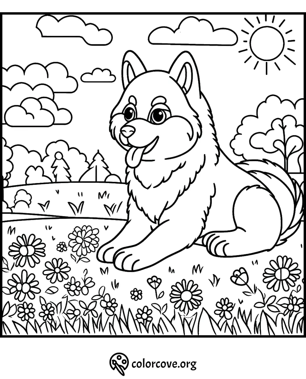 Coloring page of a happy dog in a sunny field with flowers and trees, under a bright sky with clouds.